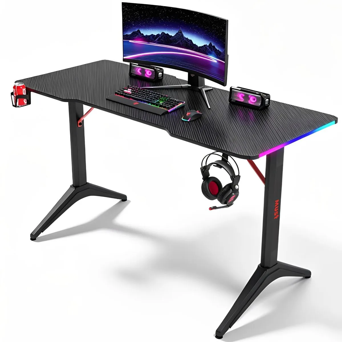 MUST Gaming Desk with LED lights Gamer Desk RGB Game Computer Desk for Home - Black