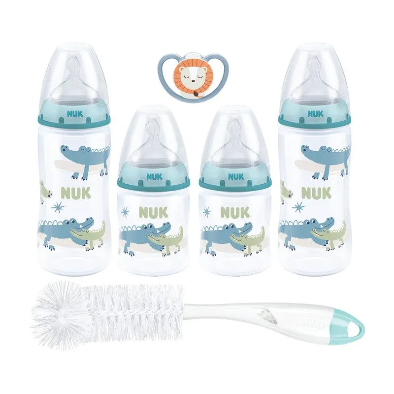 NUK Starter Pack with Glow in the Dark Silicone Soother for 0-6M - Crocodile