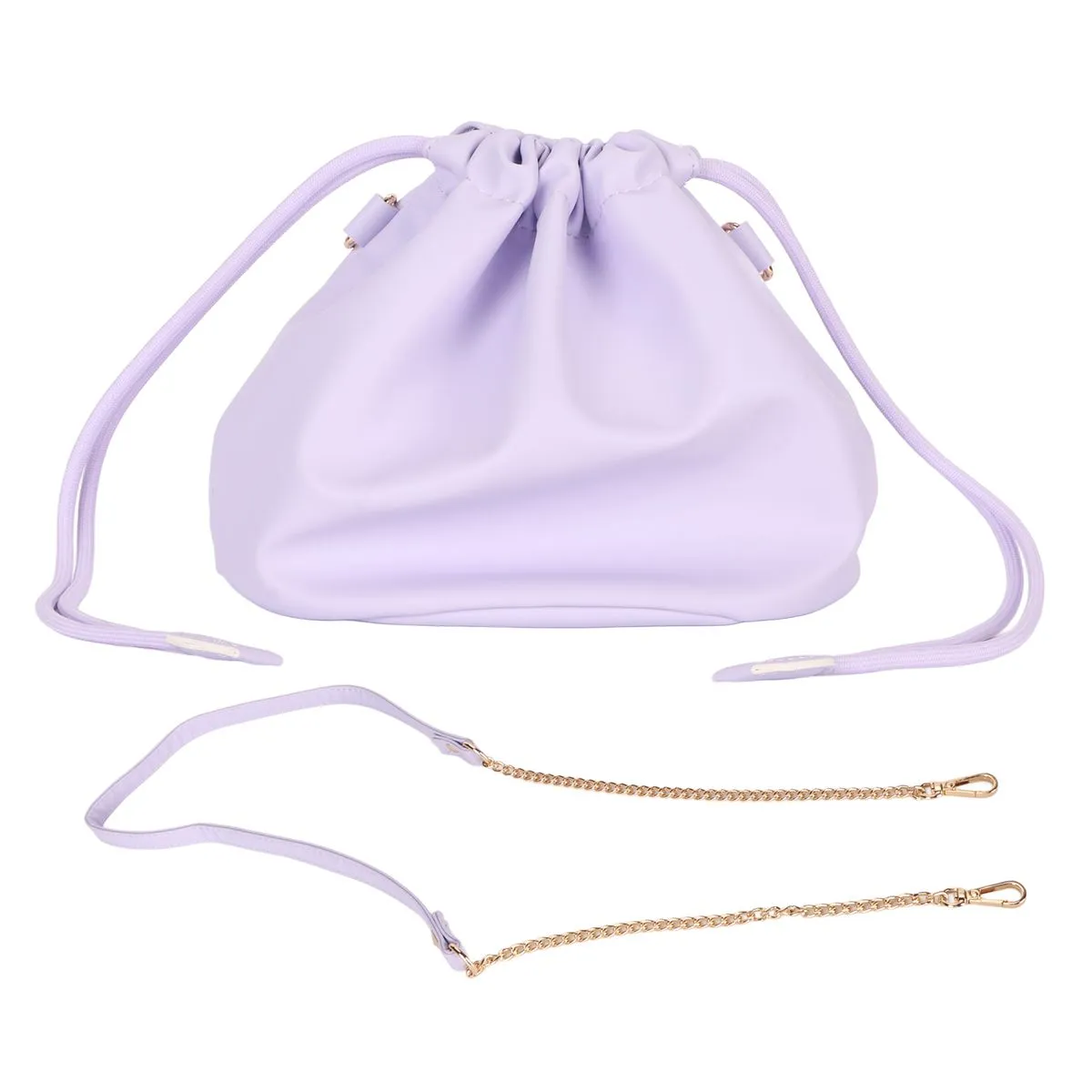 Purple drawstring pouch with strap