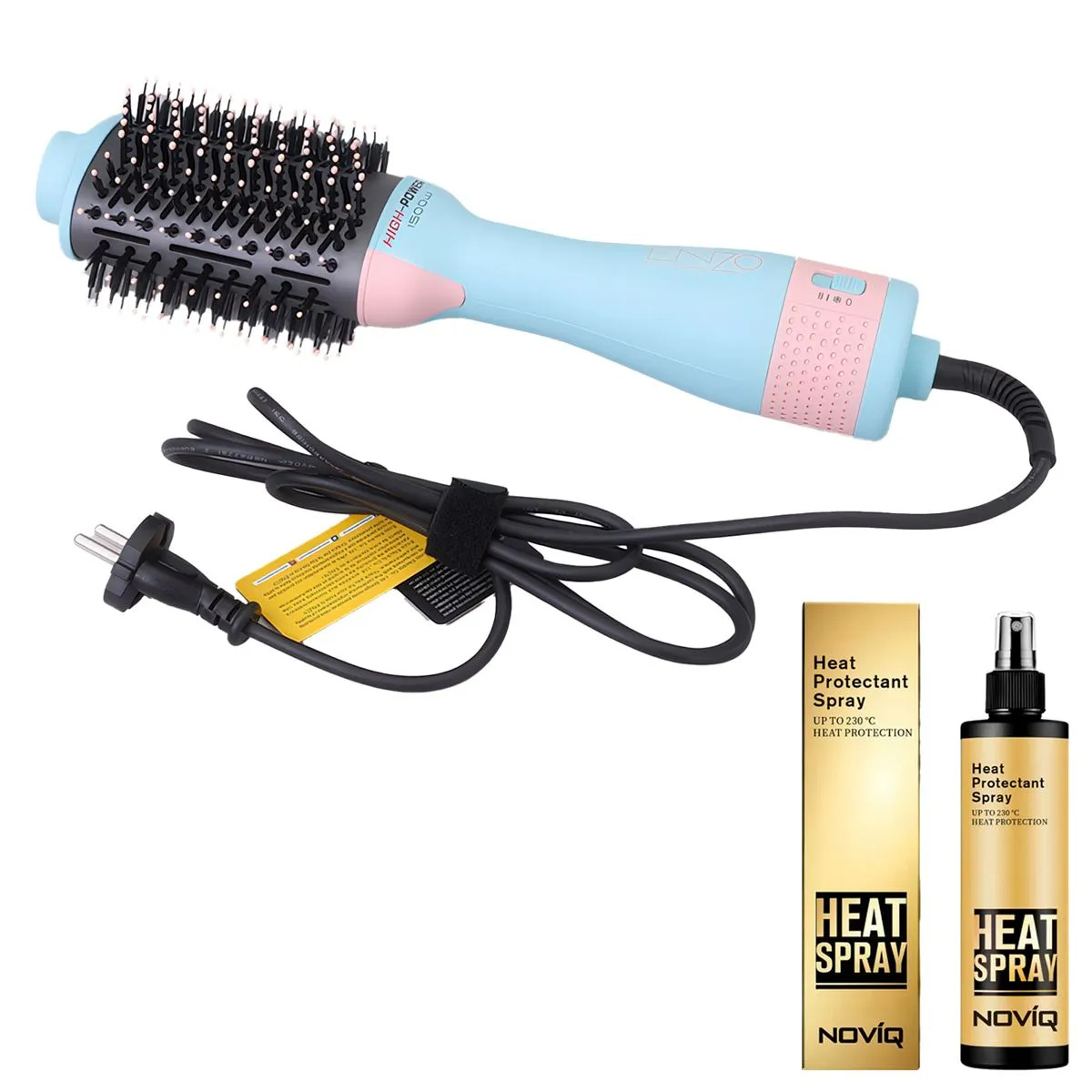 Enzo Hair Dryer & Volumizer Brush + NOVIQ Heat Spray 250ml - Blue, Pink