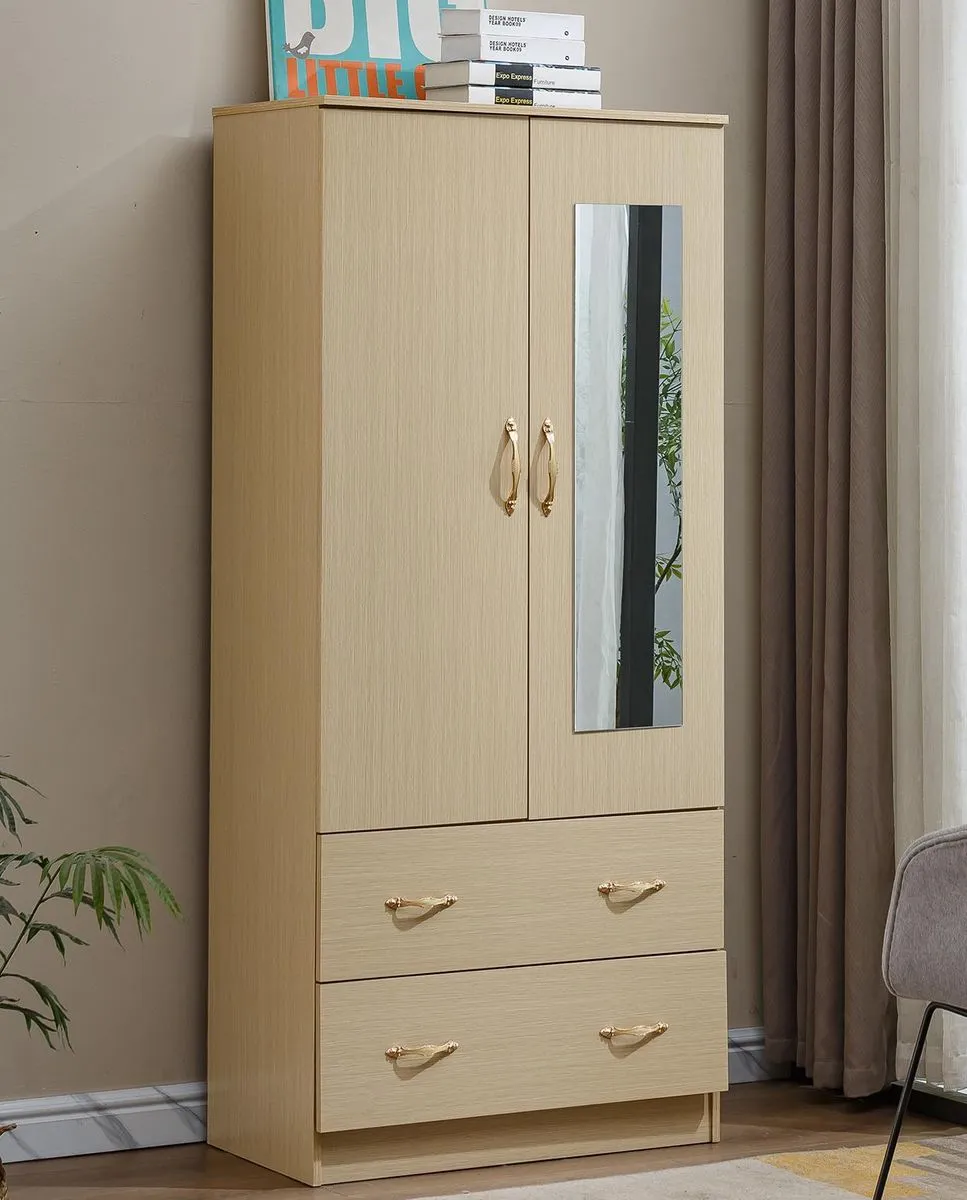 2 Door Wardrobe Closet with Mirror Wooden Armoire Clothes Cabinet 4 Drawers