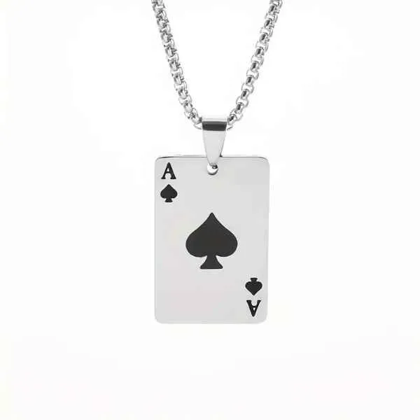 Mens Cool Ace of Spades Lucky Poker Pendant Necklace
