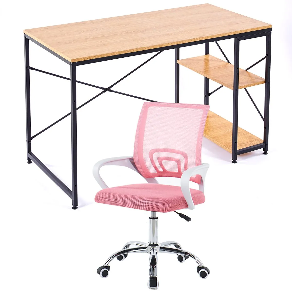 Computer Work Desk & Office Chair Set - Grey wood+Pink