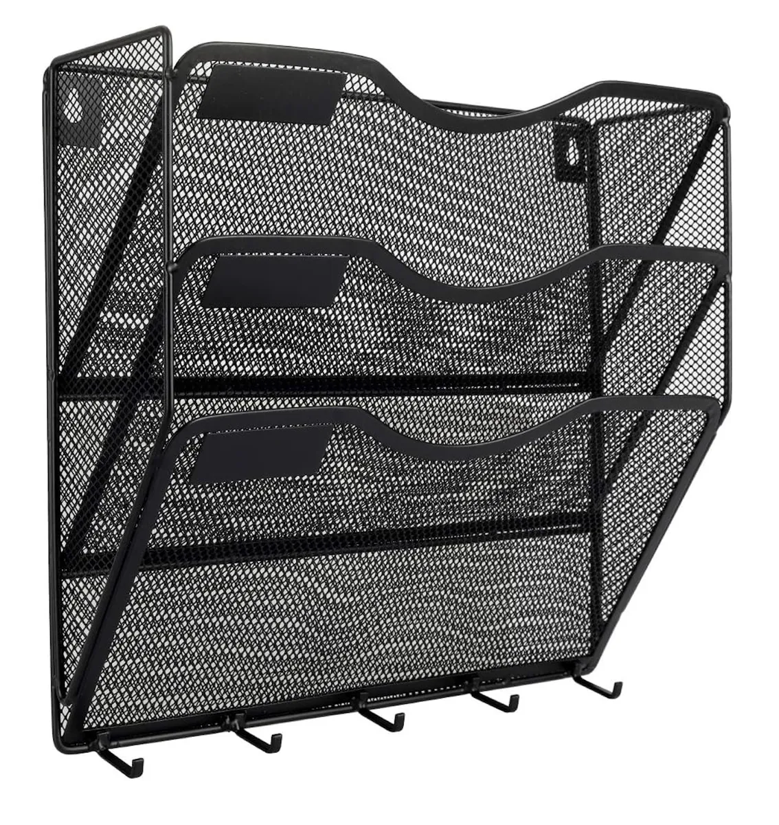Office Stationery 3 Layer Wall Mount Mesh File Organiser With Hooks - 32cm - Black