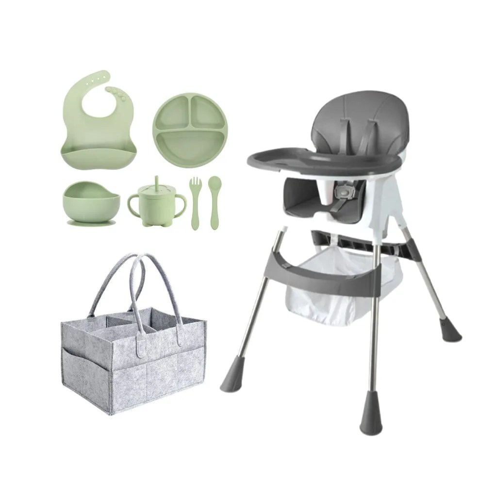 Baby Feeding Chair & 6-Pcs Silicone Feeding Set, Organizer Combo - Army