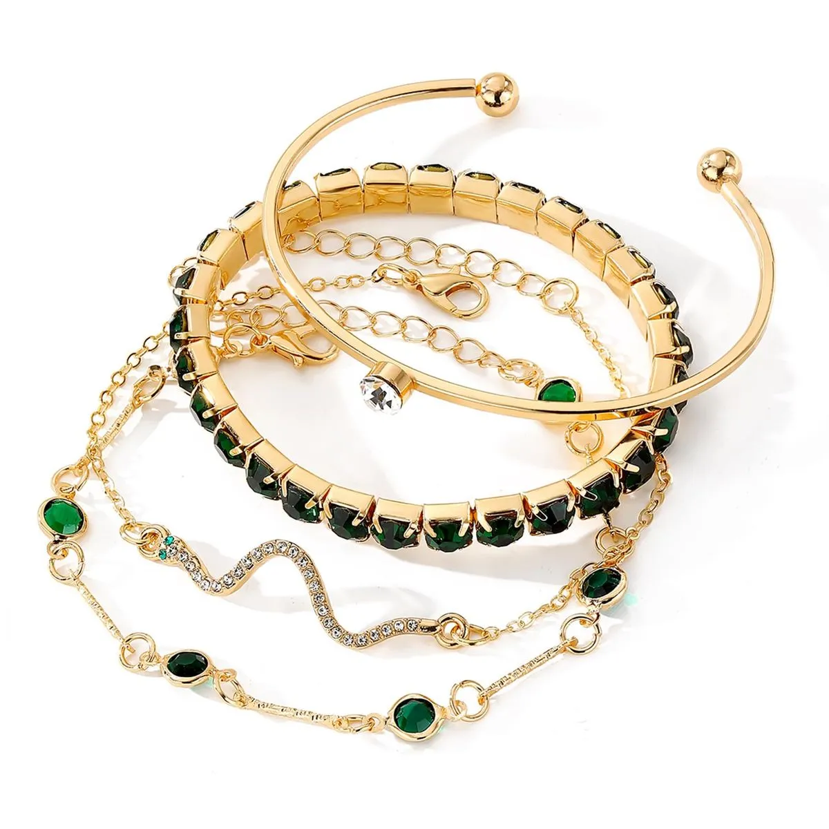 4 Pieces Emerald Style Bracelets Set Cubic Zirconia Chain Adjustable Jewelry