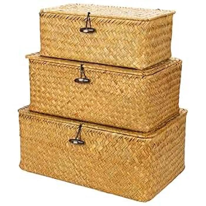 Home 3 Piece Rectangle Storage Baskets with Lids - Rattan & Seagrass Style