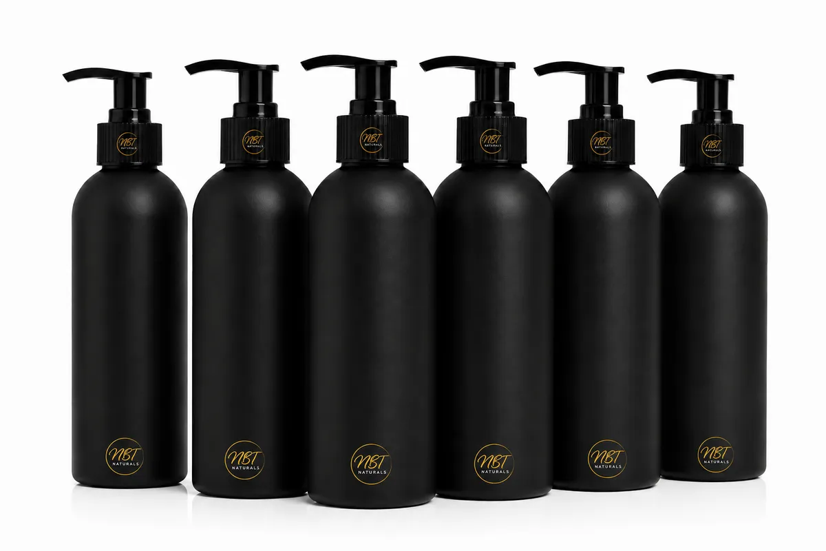NBT Naturals-250ml Black HDPE Boston Empty Bottle& Lotion Pump 24mm-25Pack
