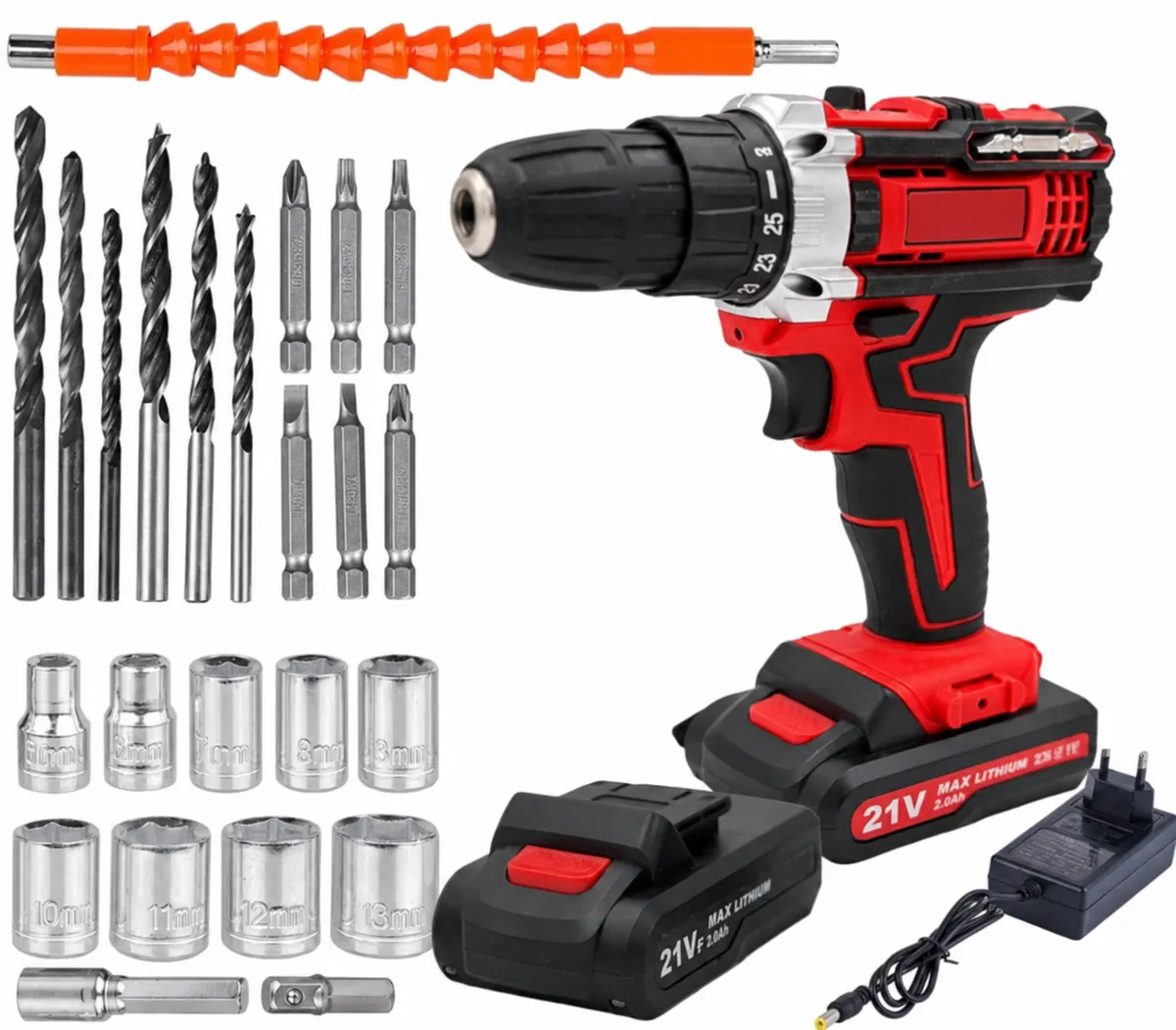 26-Piece Red Cordless Hammer Drill Set with 2 Batteries, Case & Accessories