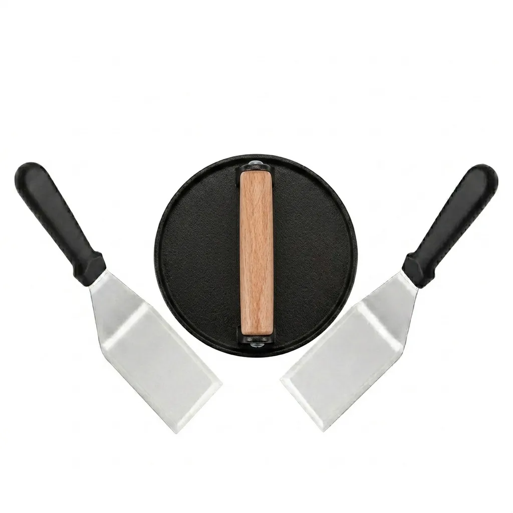 Heavy Duty Cast Iron Burger Press and Stainless Steel Griddle Spatula Set