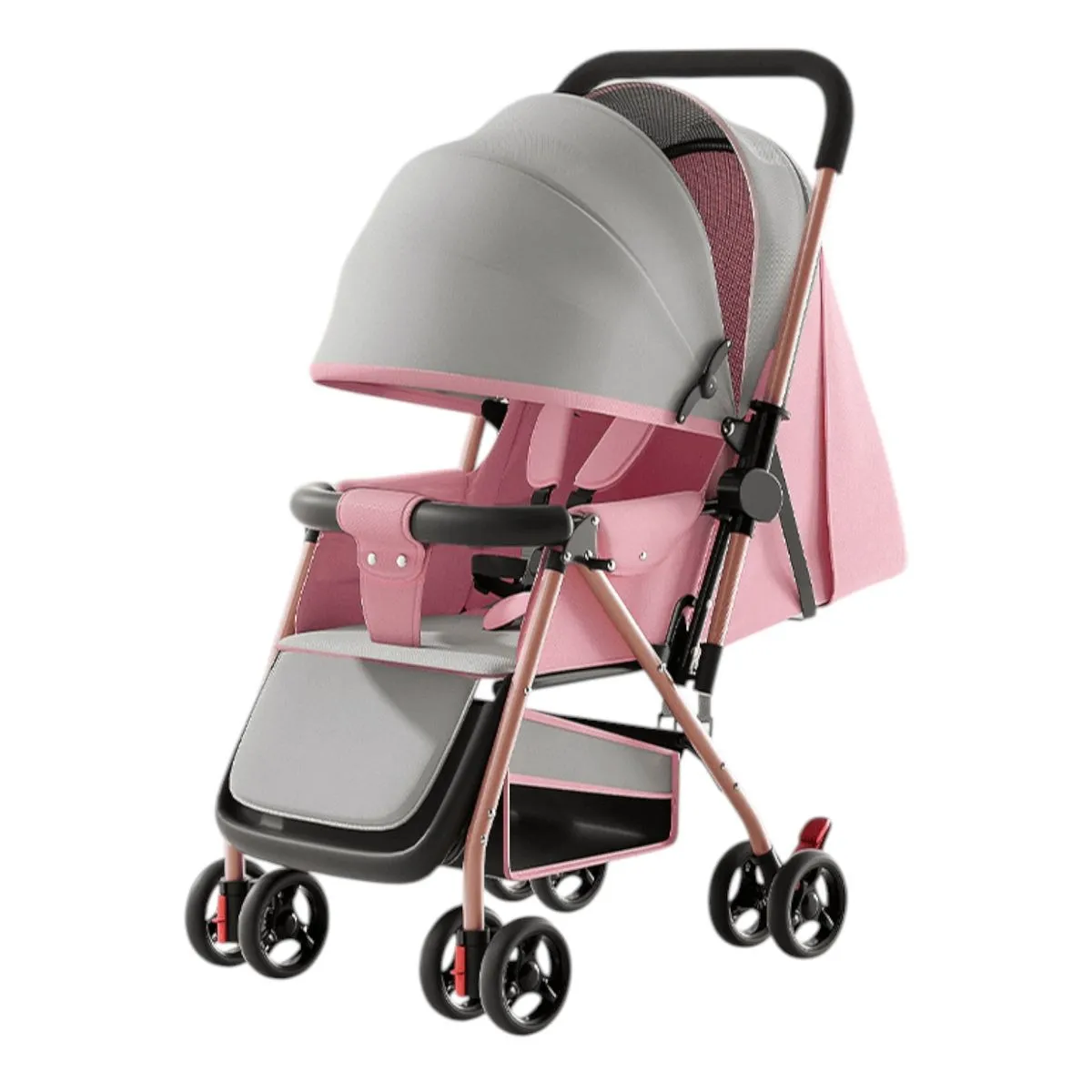 Lightweight Foldable Baby Stroller with Canopy, Basket & Safety Harness - Pink