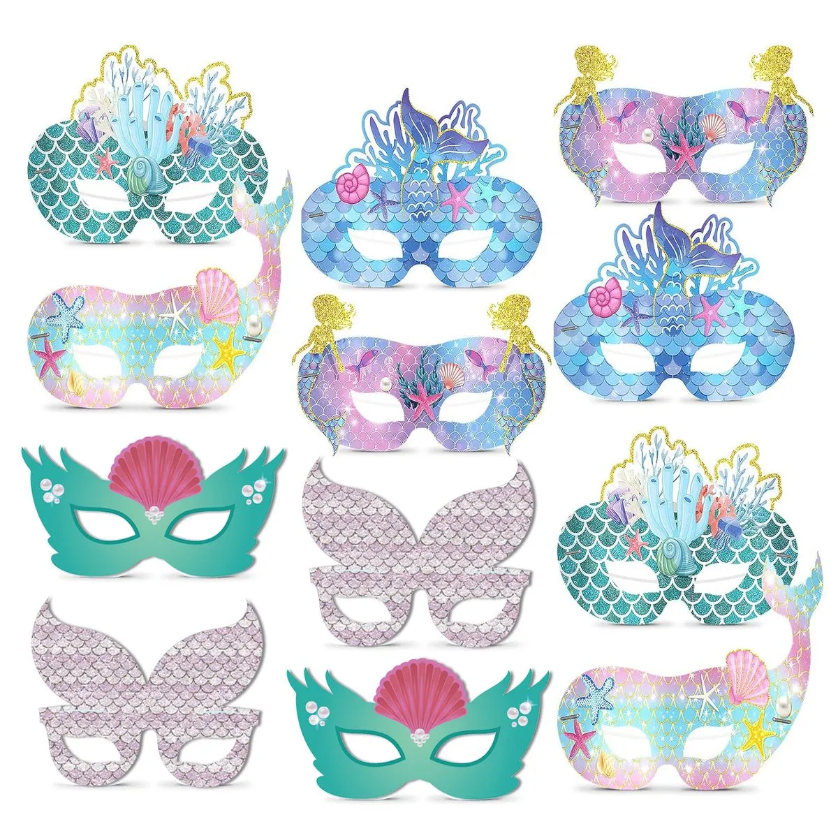 12 Pack Mermaid Paper Party Masks, Kids Ocean Theme Cosplay Eye Mask