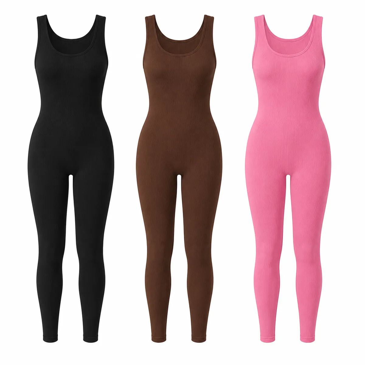 3 Pack - Women Seamless Multicolour Ribbed Bodycon Jumpsuits Unitard