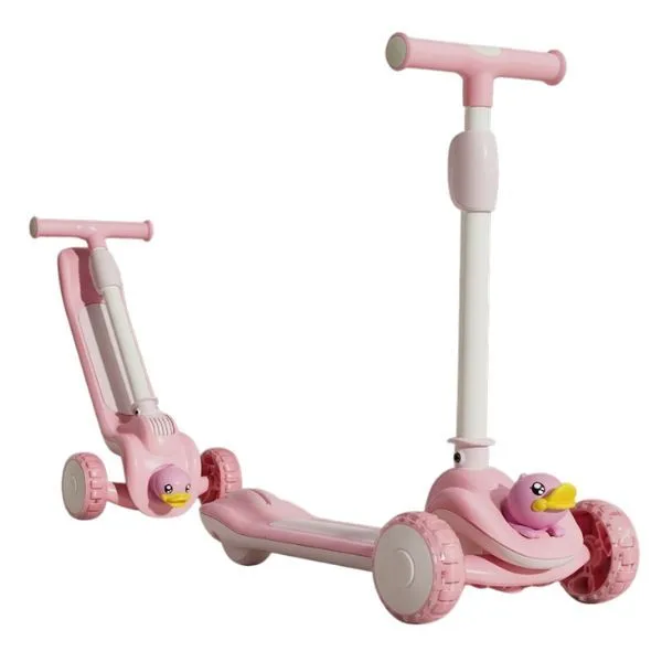 3 Wheel Kids Scooter with Light Up Wheels Foldable Pink