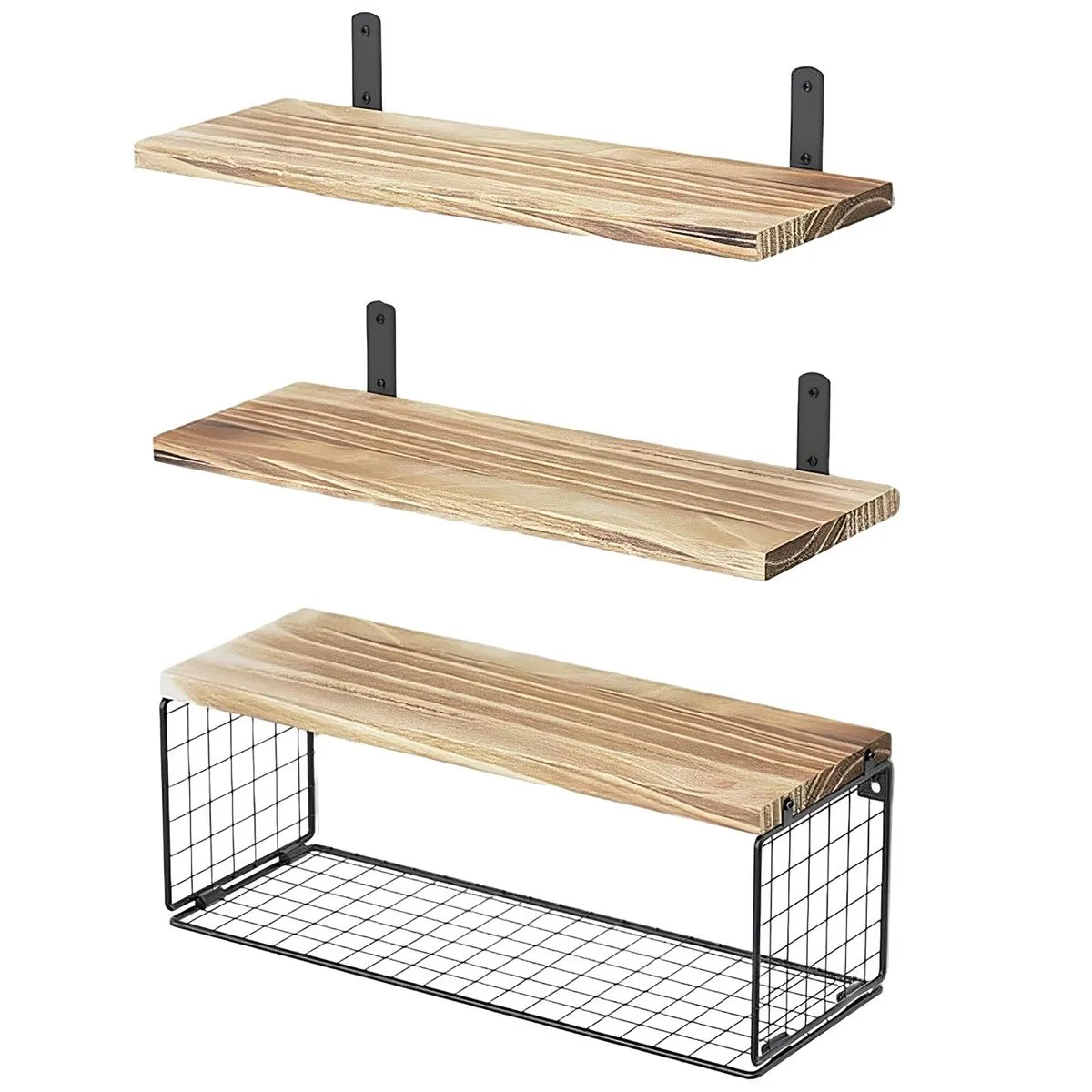 Bathroom Storage Basket Set Wood Wall Mounted Bathroom Floating Shelves - Wood color