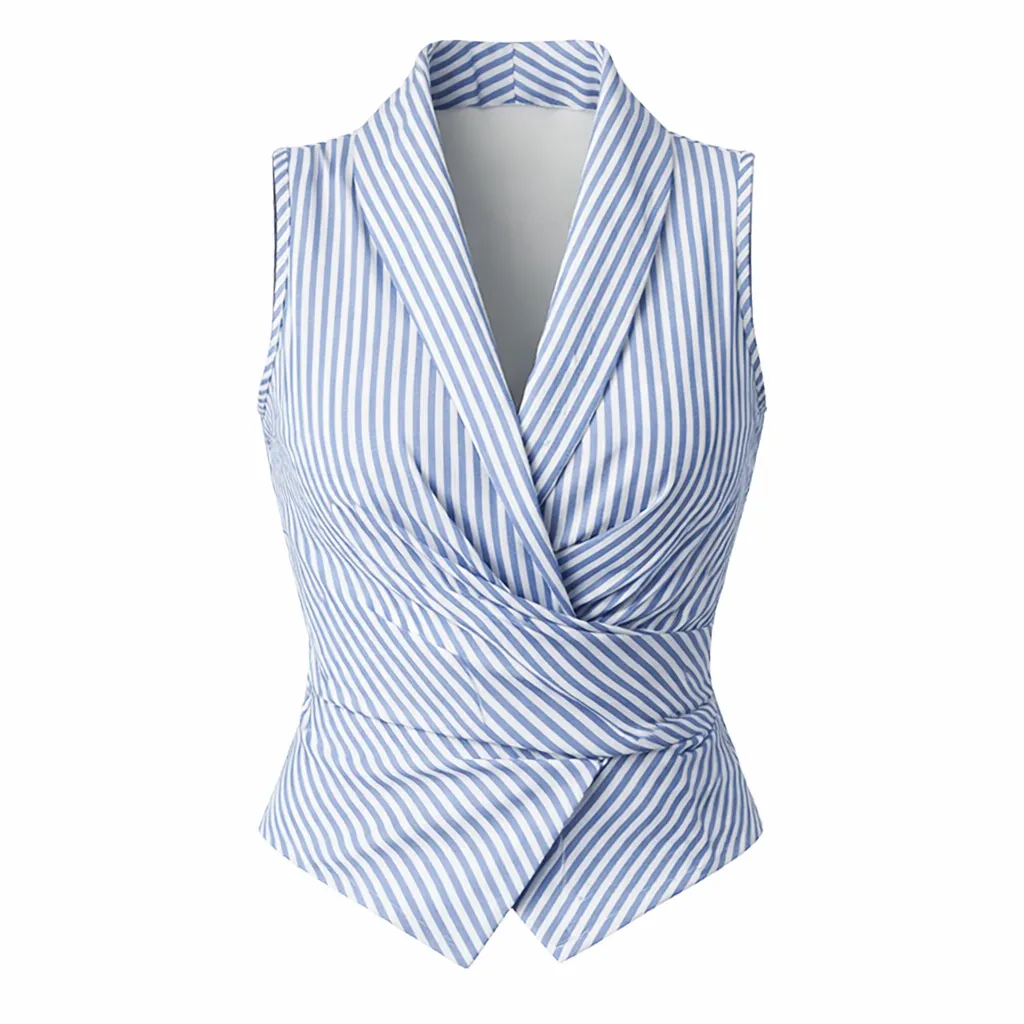 Sleeveless Waist Slim Vest Shirt - Blue/White