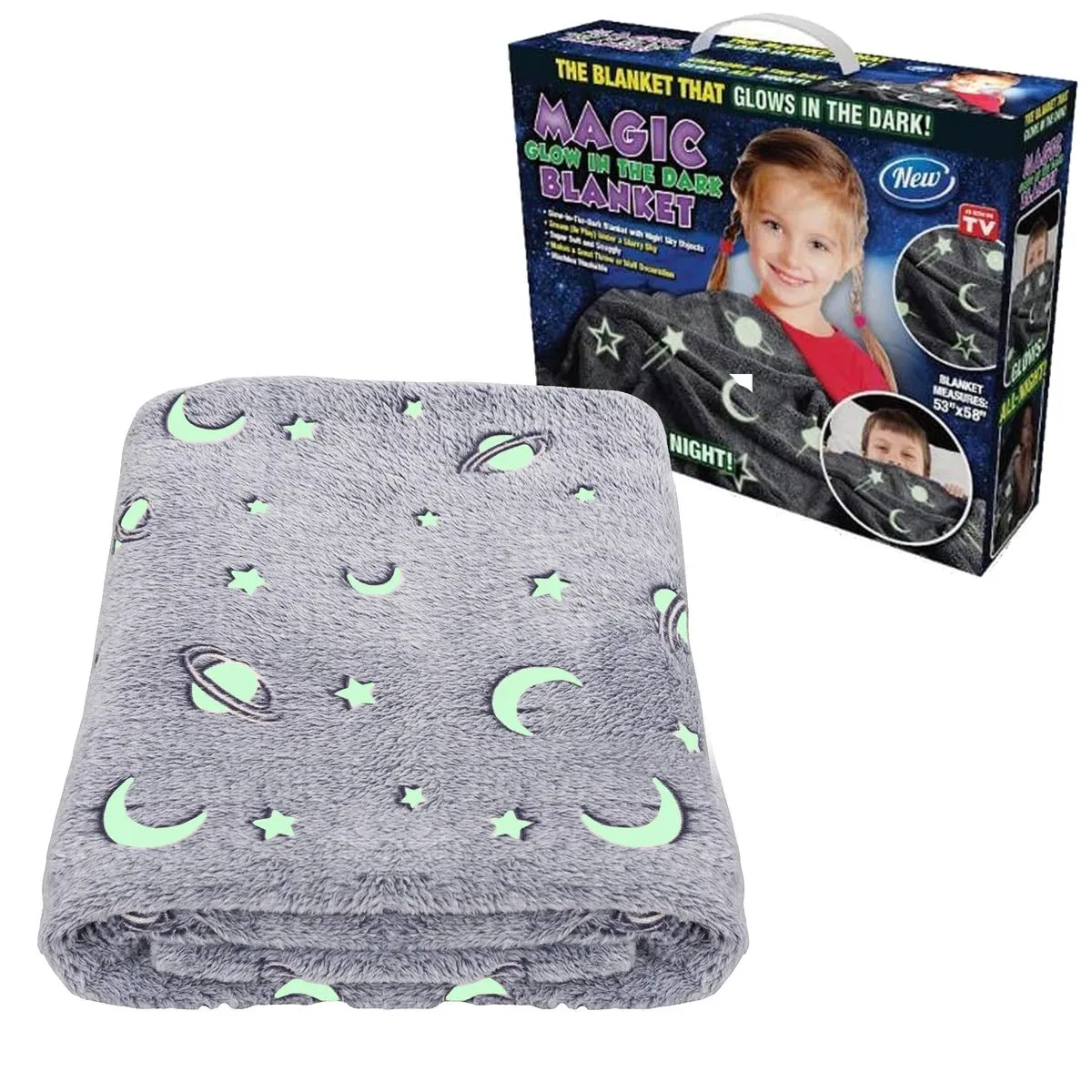 Glow in The Dark Kids Soft Fleece Star Moon Throw Comfort Blanket Gift - Grey