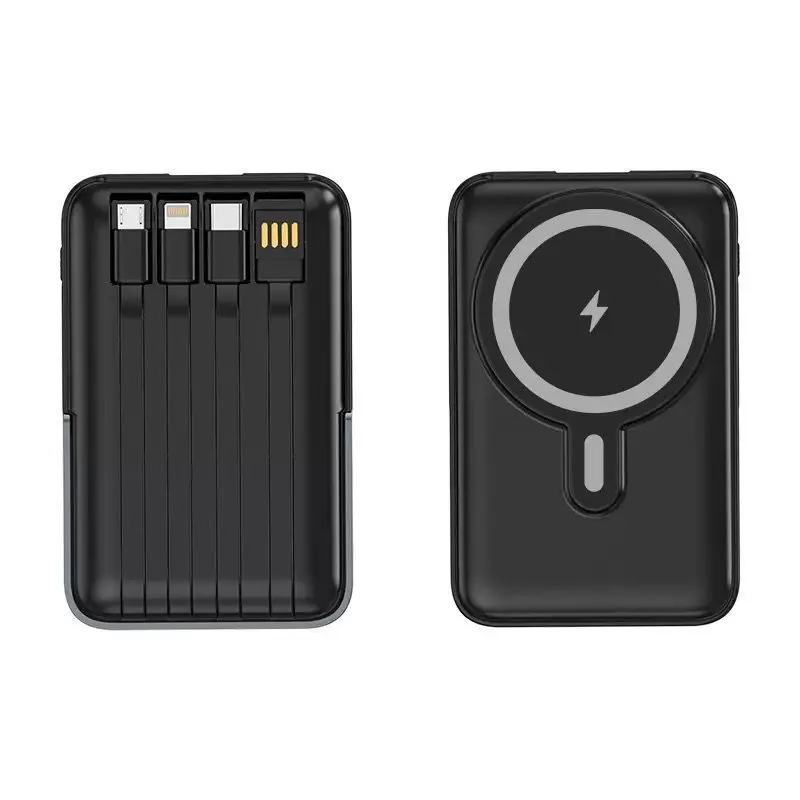 Wireless Powerbank With Built-in Charging Cables - Black