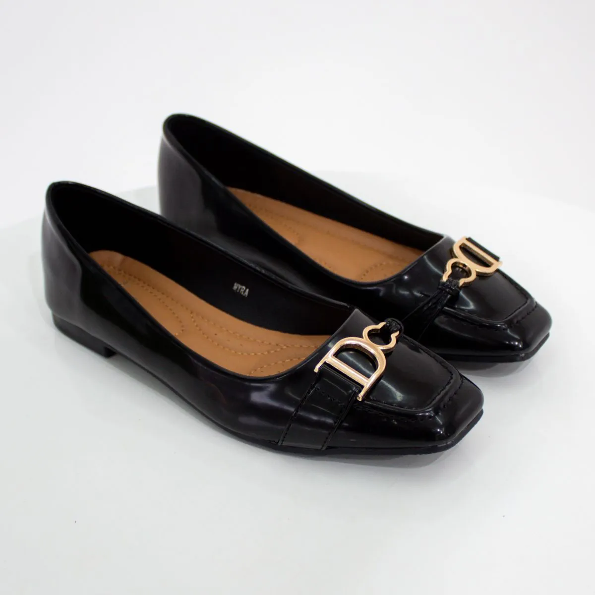 LaMara Paris Myra Gold DG Trim Faux Leather Pump Shoe Black