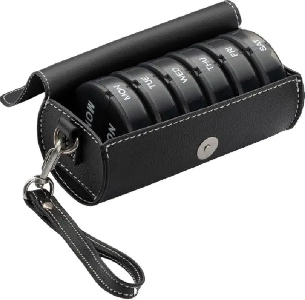 7-Day Pill Organizer with PU Leather Case & Large Compartments - Black