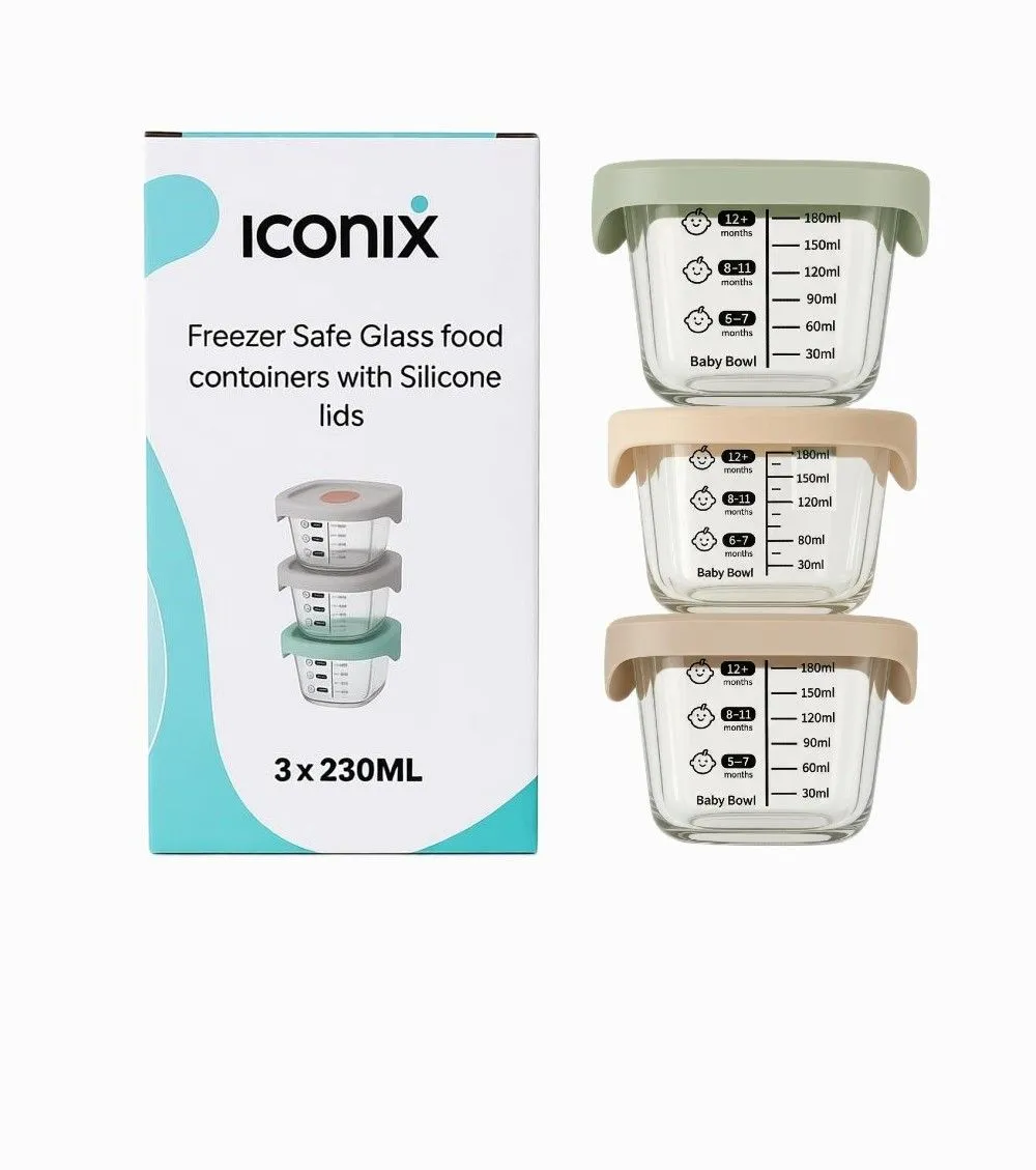 Iconix 3 Piece Freezer-Safe Glass Baby Food Containers with Silicone Lids