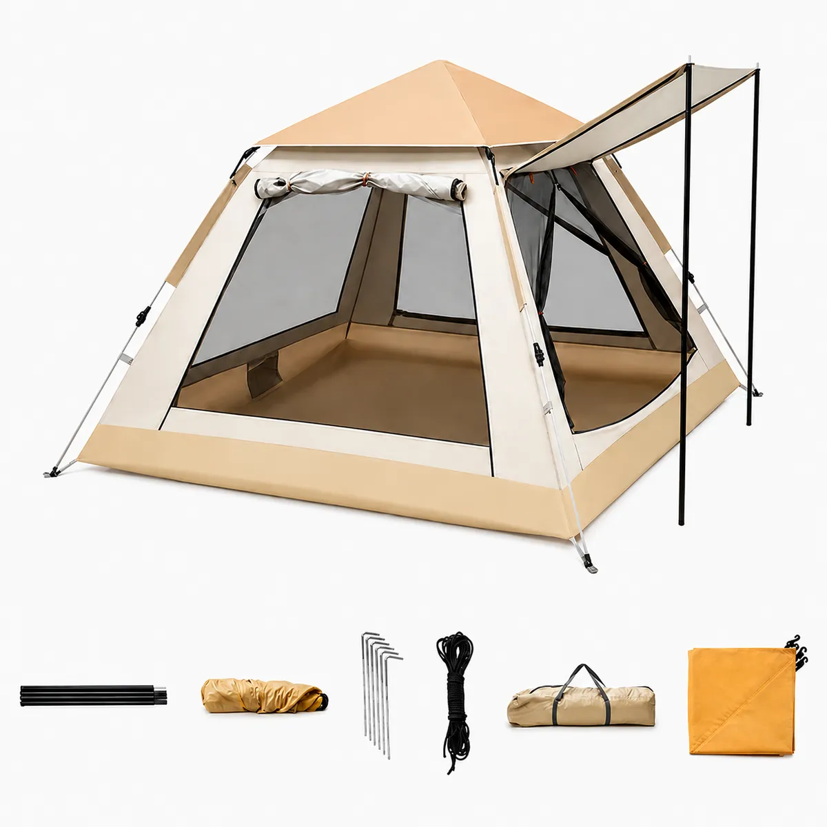Waterproof Camping Tent with Canopy, Pegs & Ropes - 210 x 210 x 135cm