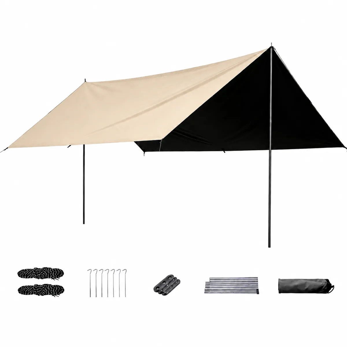 3x5m Black Coated Camping Tarp with Poles, Ropes, Pegs and Carry Bag