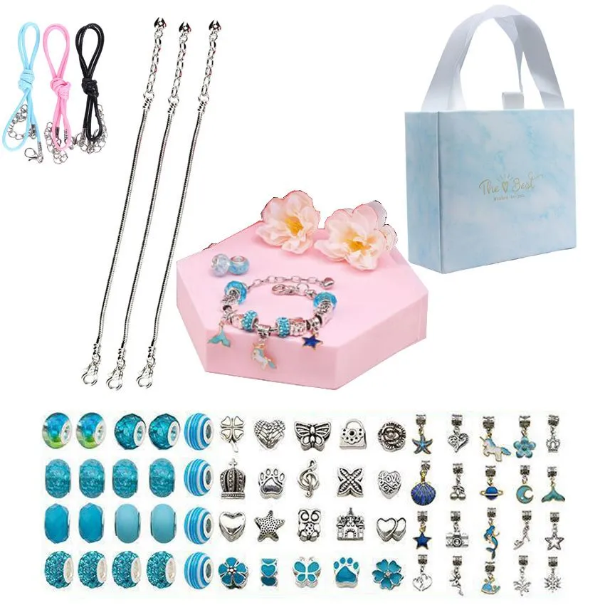 Girls Teen Charm Bracelet Making Kit DIY Kids Pop Beads+Hexagon Gift Box - Blue set