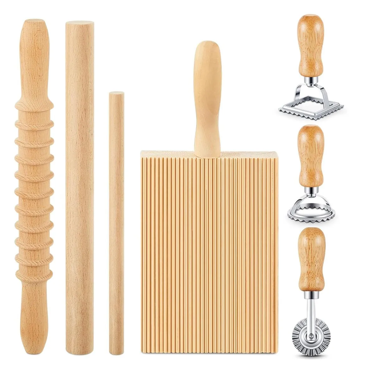 Gnocchi Pasta Making Tool Set Wood Gnocchi Board with Rolling Pin - 7 Piece