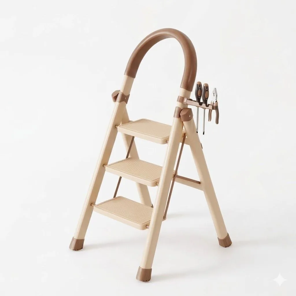 RYNCENM 3-Step Stainless Steel Folding Step Ladder with Handgrip Non-Slip