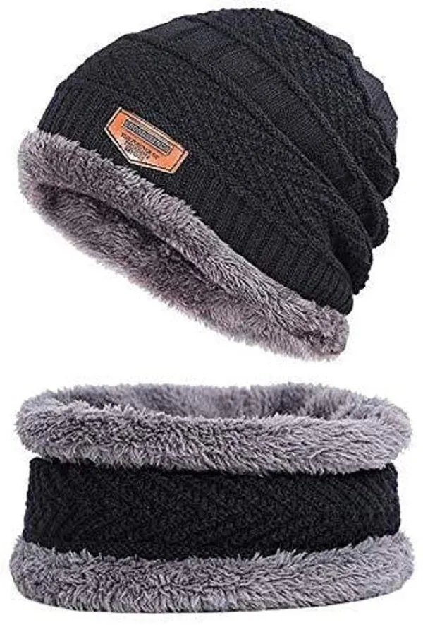 Winter Woolen Unisex Beanie Knitted Cap with Neck Warmer - Black