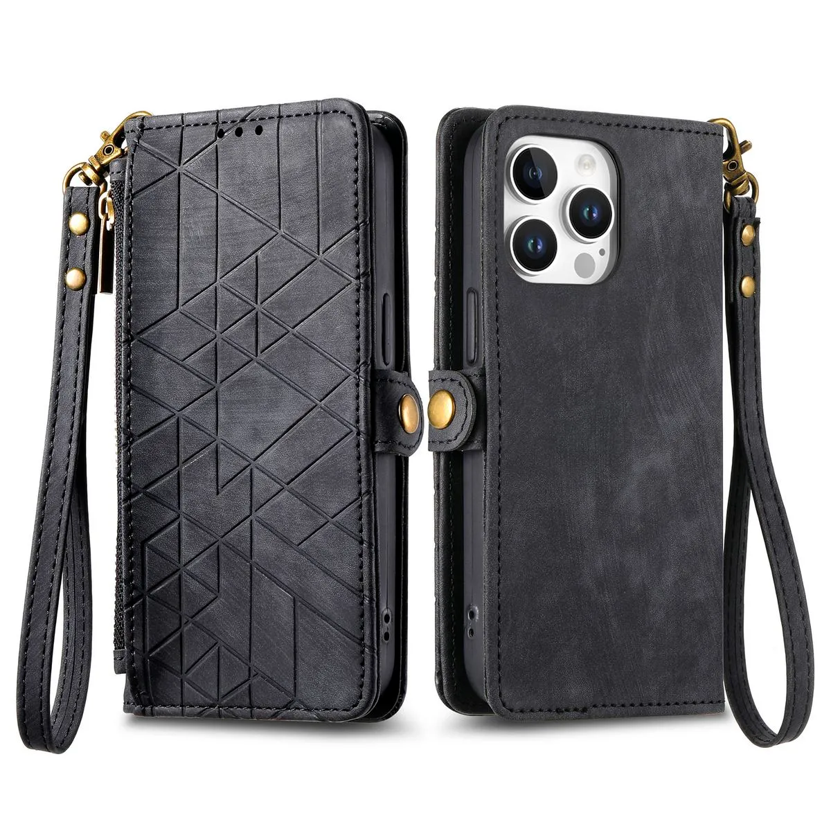 Flip Phone Cases Compatible With iPhone 16 Pro Leather Cover Geometric Coque - Black