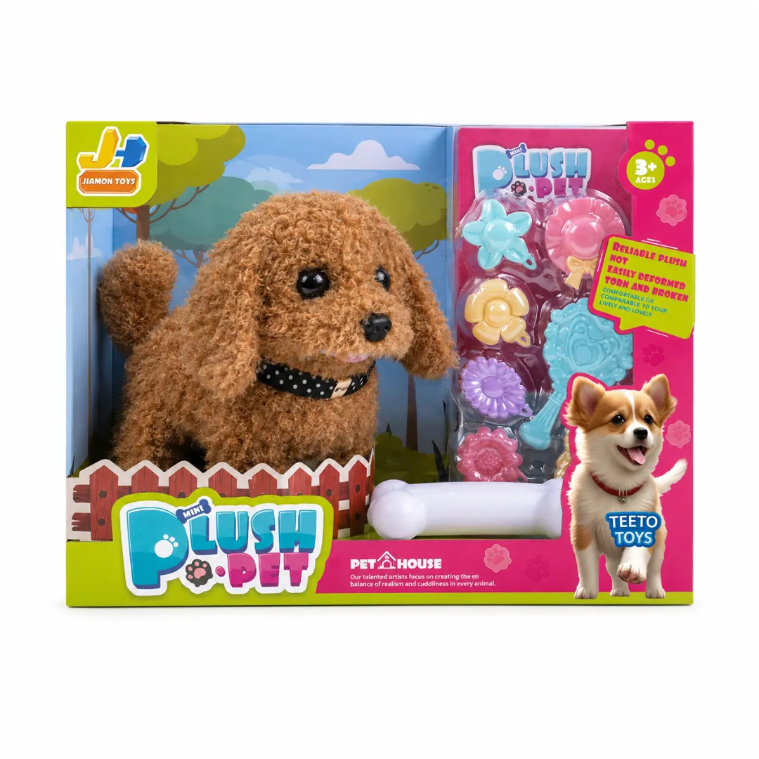 Mini Plush Pet Dog with Accessories Set - Soft Stuffed Puppy Toy for Kids - Dark Brown