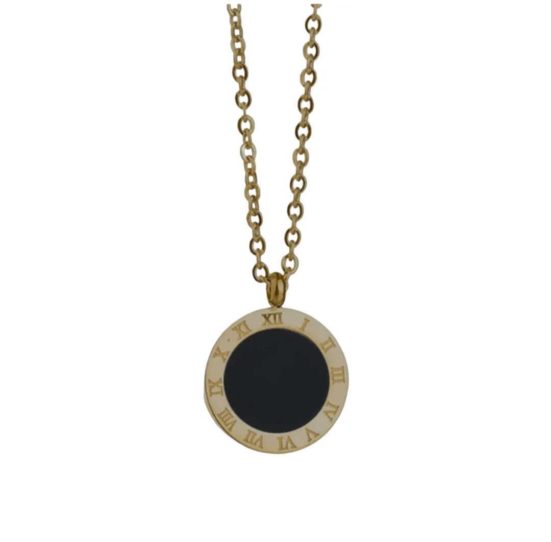Roman Numeral Two Sided Round Stainless Steel Pendant Necklace. - Gold