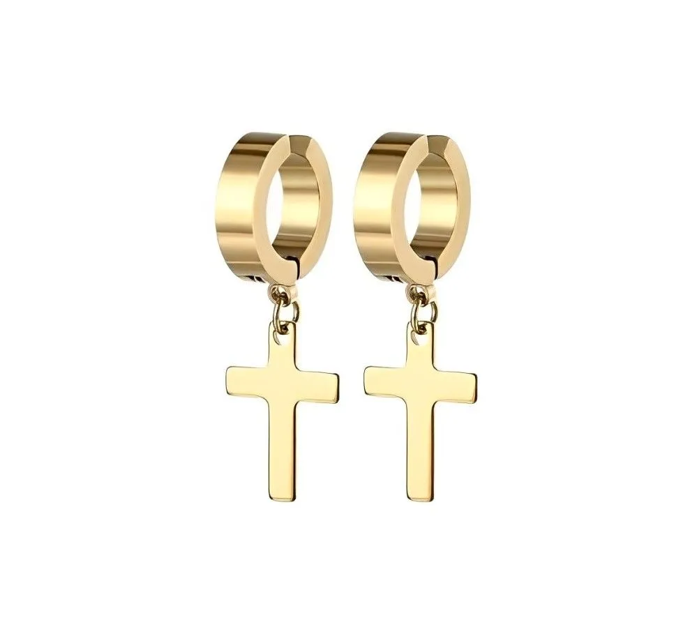 Clip-On Stainless Steel Non Piecing Cross Earrings - Gold