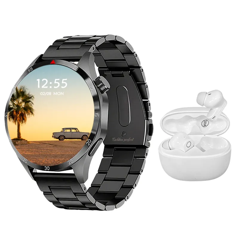 Black Men's Dual Strap Smartwatch & Bluetooth Earphones 120+ Sports Set