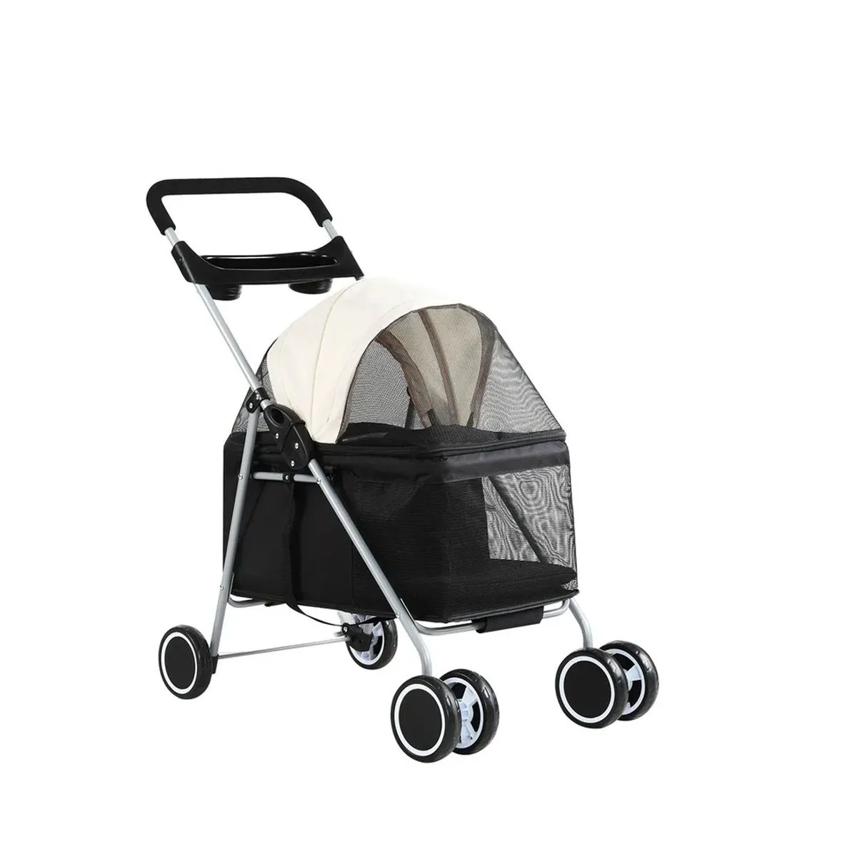 4-Wheels Foldable Pet Stroller Pet Pushchair with Detachable Carrier- Black