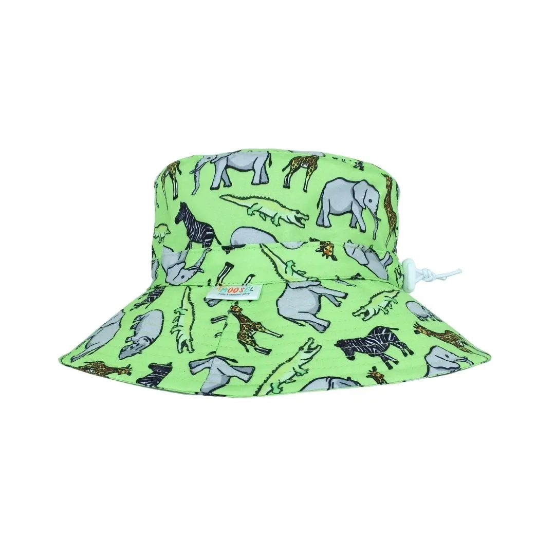 Moosel Hats Kids Wide Brim Bucket Sun Hat - Green Safari Animals