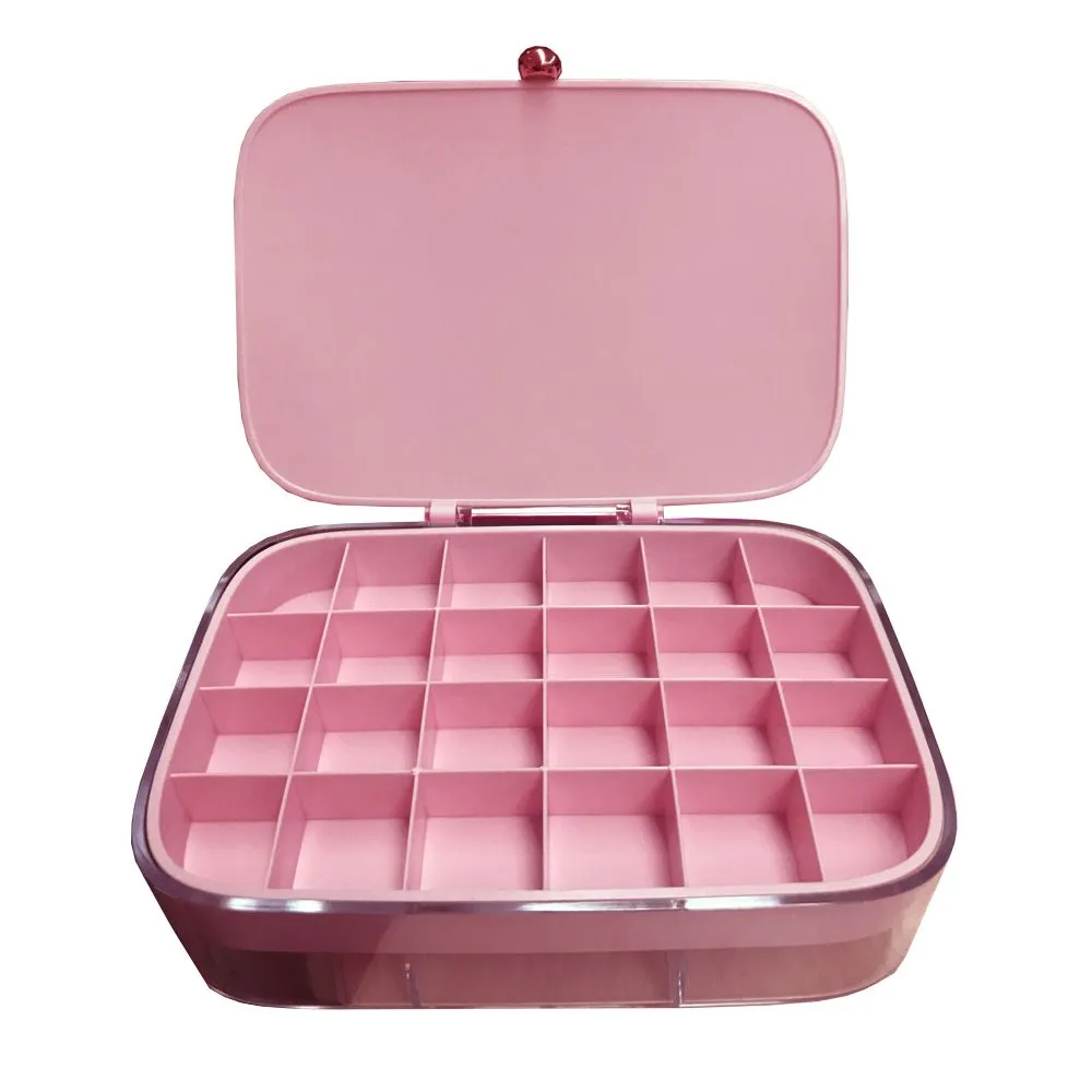 Double Tier 30 Grids Plastic Jewelry Storage Organizer Box with Lids - Pink
