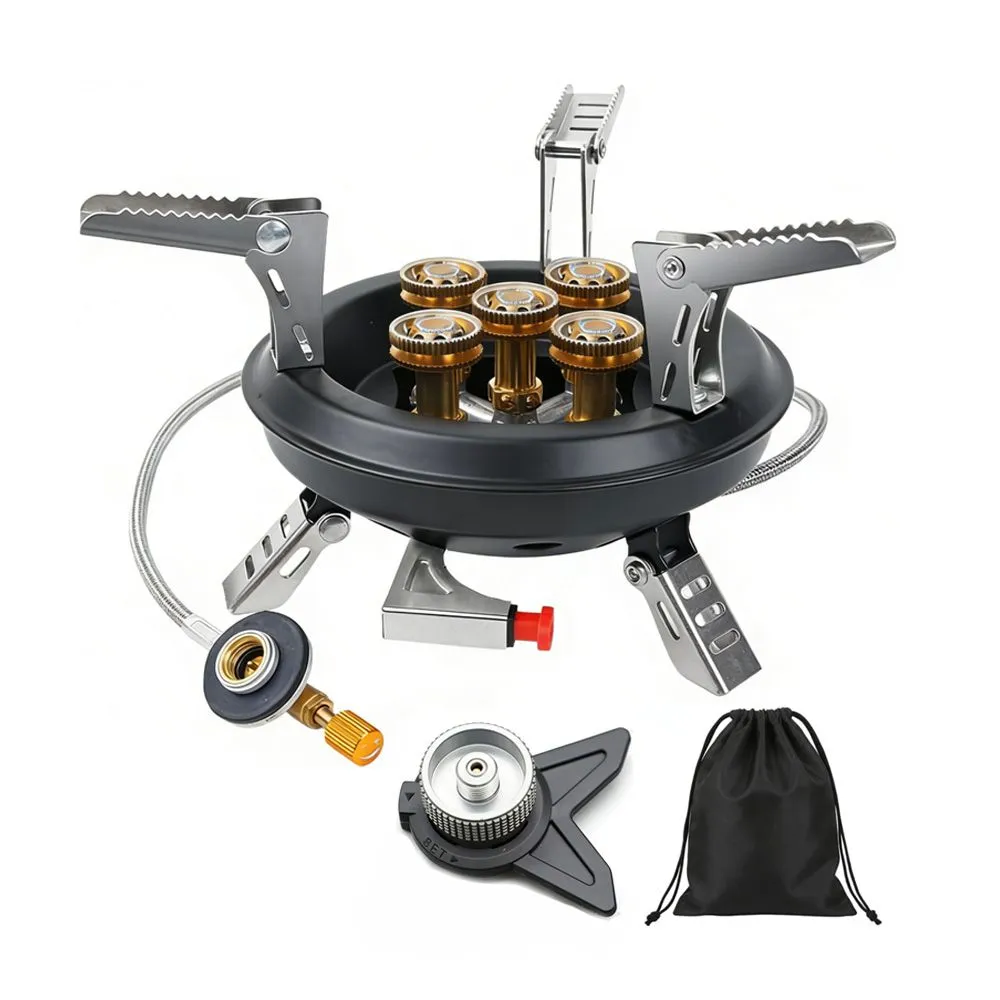 Portable Camping Gas Stove 5-Burner Windproof With Gas Canister Adapter