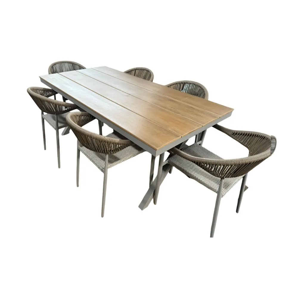 6 Rattan Mid-Back Chairs With Rectangular Outdoor Dining Wood Table