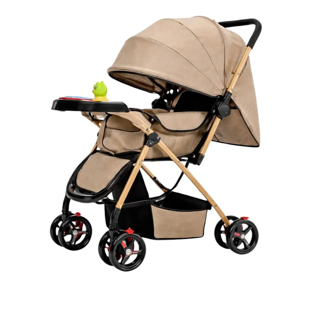 Modern Baby Stroller with Feeding Tray & Storage Basket - Khaki