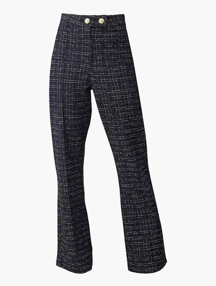 TRENDYOL Textured Tweed Gold Button Flare Pants