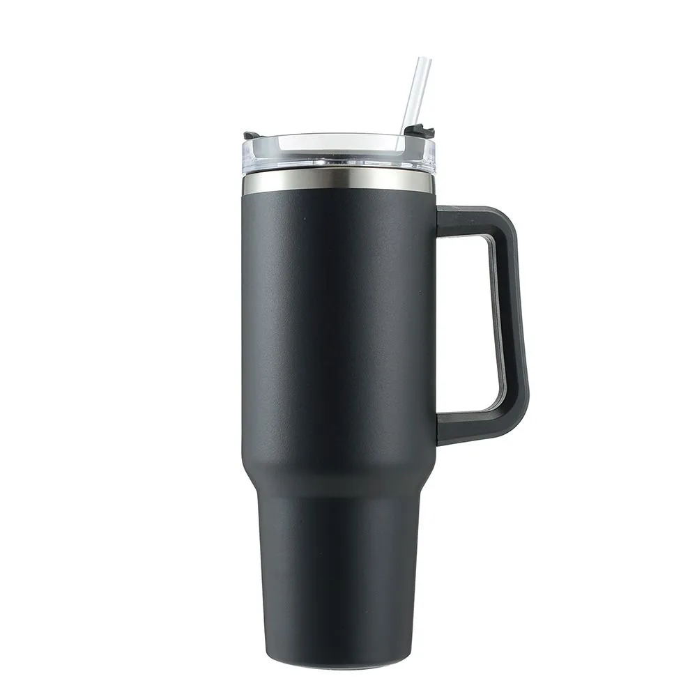 Travel Mug Stainless Steel Vacuum Flask with Straw Hot/Cold - Black