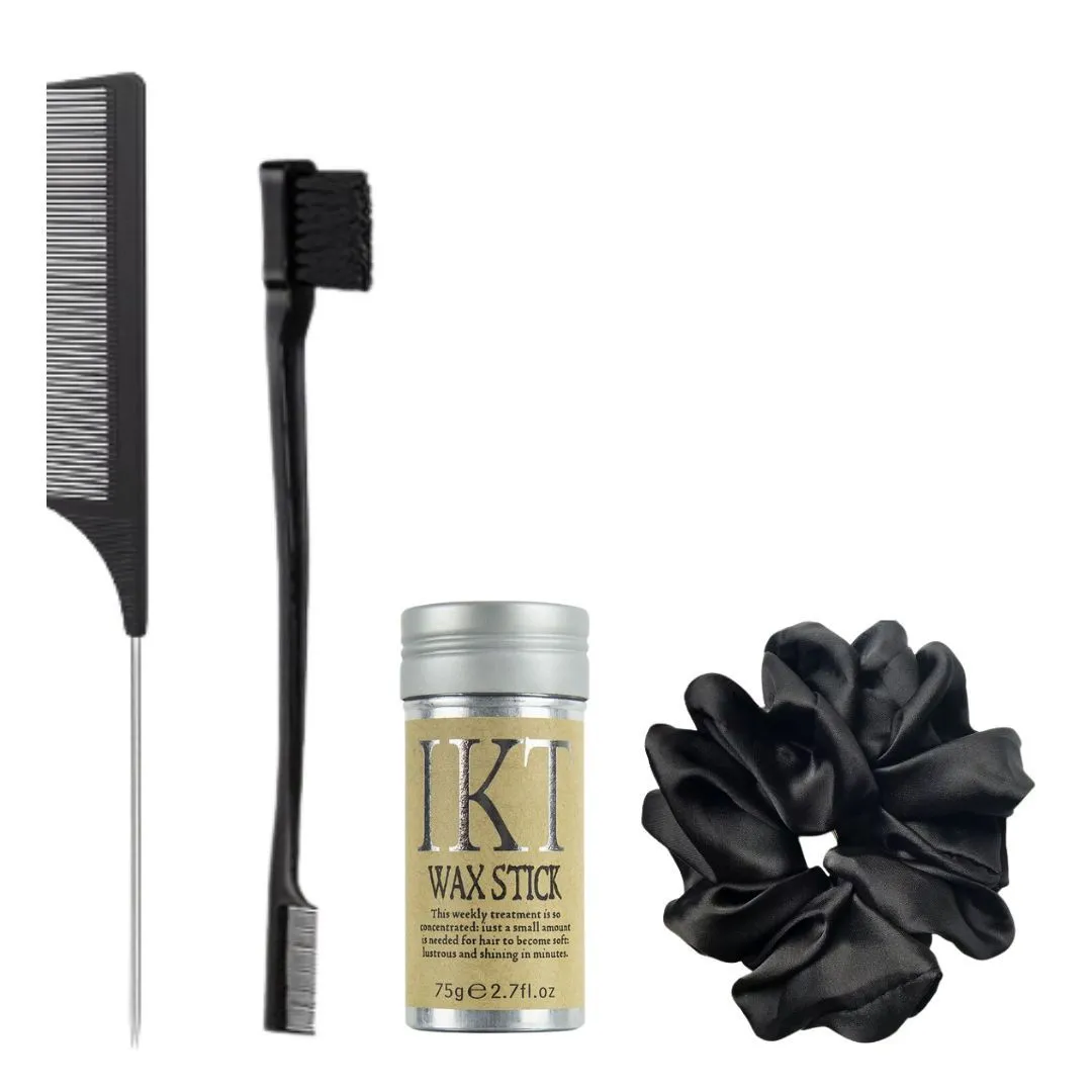 Silk Elastic Hair Band, IKT Wax Stick, Edge Brush & Rat Tail Comb