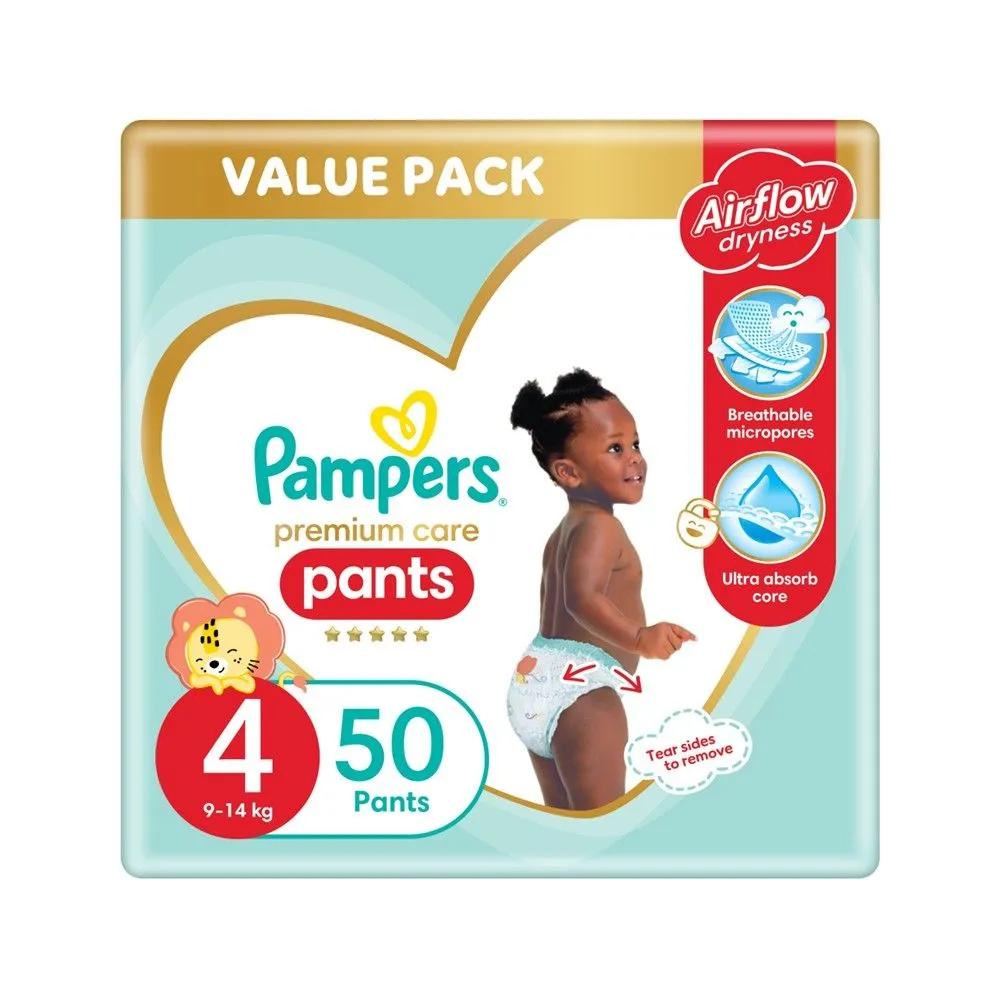 Pampers Premium Care Pants Size 4 (9-14kg) 50 Nappies, Airflow Skin Comfort
