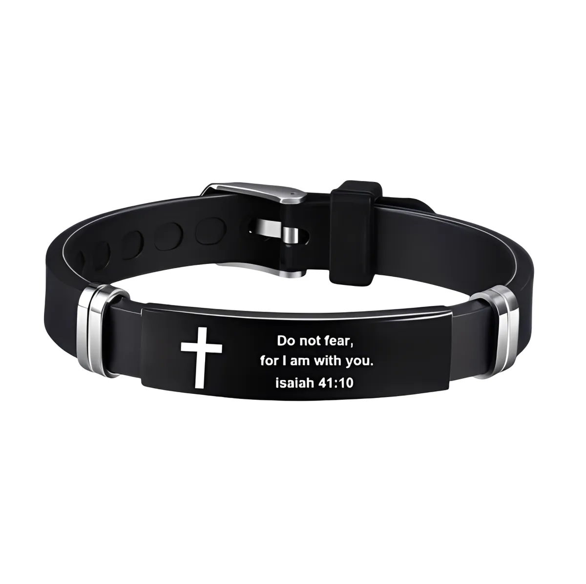 Bible Verse Wristband Bracelet - Isaiah 41:10 Cuff | Stainless Steel - Black
