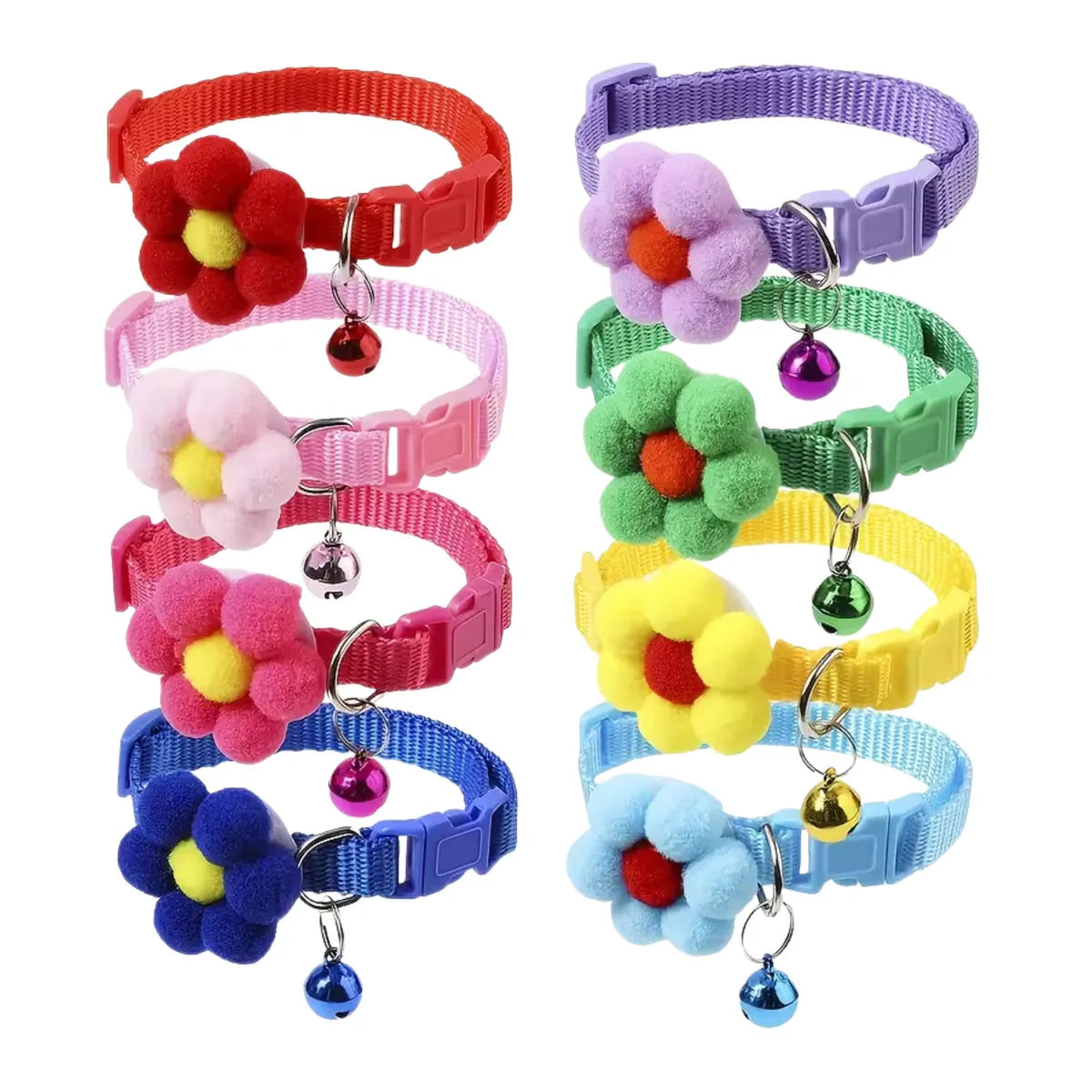 Pet Collars Set of 8 For Cat & Dog Collars with Flower Charms & Bells