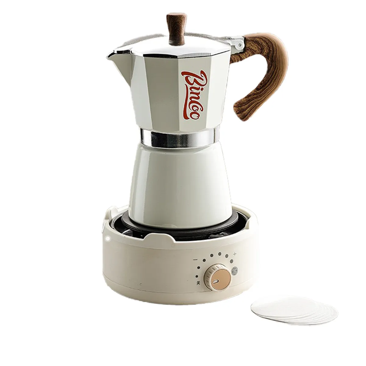 Bincoo Moka Pot Set - Electric Aluminum Espresso 6 Cups Coffee Maker - Cream White