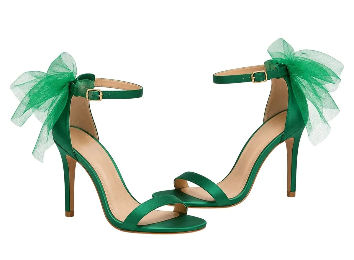 Women's Emerald Green Bow Stiletto High Heel Sandals with Ankle Strap
